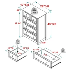 Kirkland's Home White Wood Five Framed Drawers Dresser- Dressers & Chests
