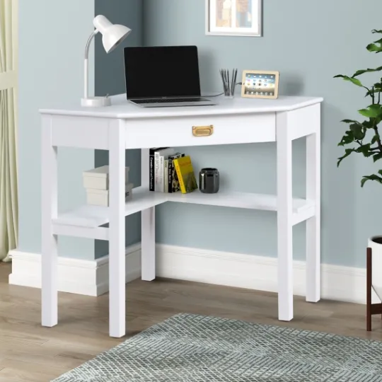 Kirkland's Home White Wood Single Drawer Corner Desk- Office Furniture