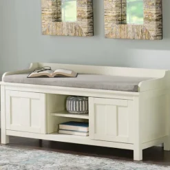Kirkland's Home White Wood Upholstered Storage Bench- Benches & Ottomans
