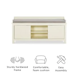 Kirkland's Home White Wood Upholstered Storage Bench- Benches & Ottomans