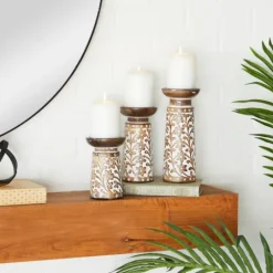 Kirkland's Home Whitewash Floral Mango Candlesticks, Set Of 3- Candle Holders