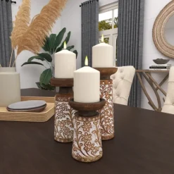 Kirkland's Home Whitewash Floral Mango Candlesticks, Set Of 3- Candle Holders