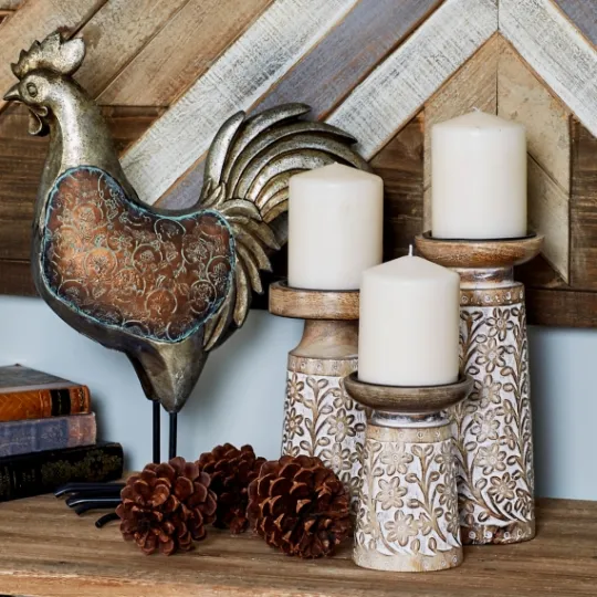 Kirkland's Home Whitewash Floral Mango Candlesticks, Set Of 3- Candle Holders