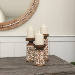Kirkland's Home Whitewash Floral Mango Candlesticks, Set Of 3- Candle Holders