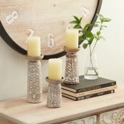 Kirkland's Home Whitewashed Brown Carved Candle Holders, Set Of 3- Candle Holders