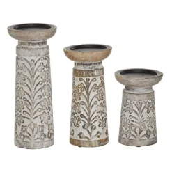 Kirkland's Home Whitewashed Brown Carved Candle Holders, Set Of 3- Candle Holders