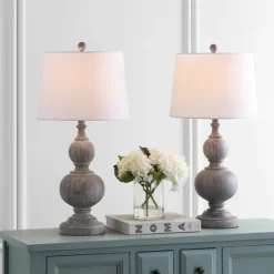 Kirkland's Home Whitewashed Brown Carved 2-Pc. Table Lamp Set- Table Lamps