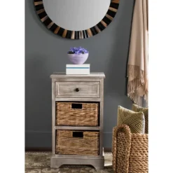 Kirkland's Home Whitewashed Brown Wood Side Table With Baskets- Accent & End Tables