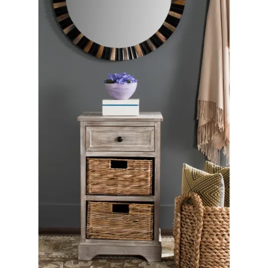 Kirkland's Home Whitewashed Brown Wood Side Table With Baskets- Accent & End Tables