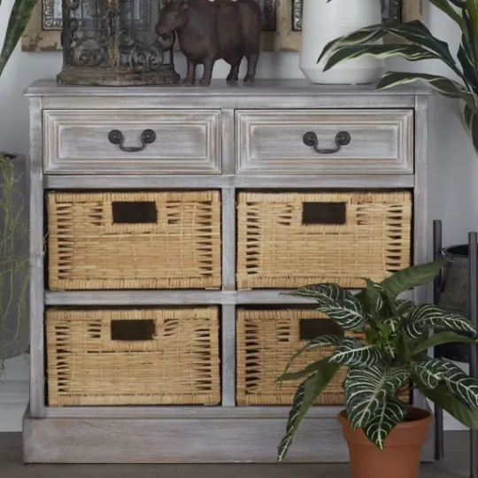 Kirkland's Home Whitewashed Cabinet With Rattan Baskets- Entryway Furniture