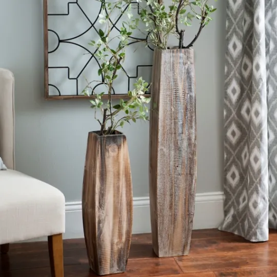 Kirkland's Home Whitewashed Oblong Wooden Vases, Set Of 2- Vases