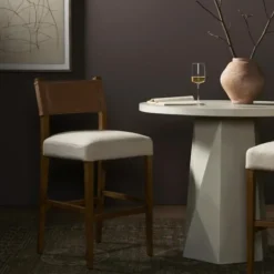 Kirkland's Home Winchester Tan Upholstered Wood Bar Stool- Bar Stools & Counter Height Stools