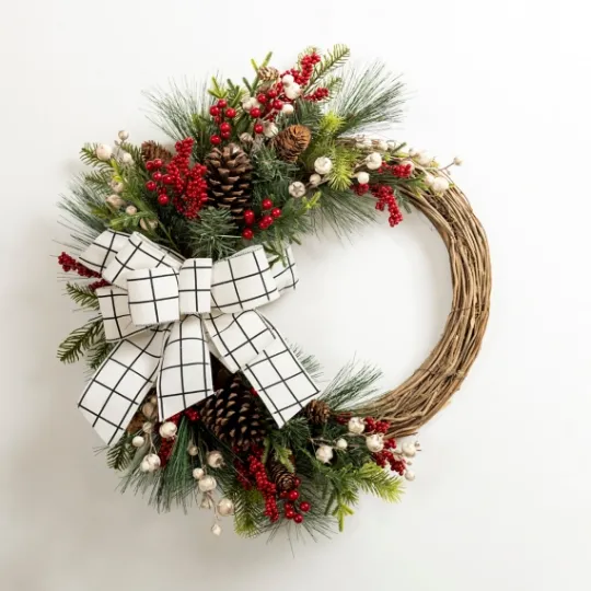 Kirkland's Home Windowpane Plaid Berry Bow Wreath- Wreaths