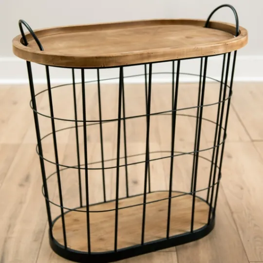 Kirkland's Home Wire And Natural Wood Basket Side Table- Accent & End Tables