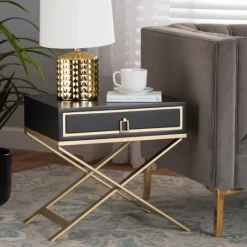 Kirkland's Home Wood & Gold X-Base Nightstand- Nightstands