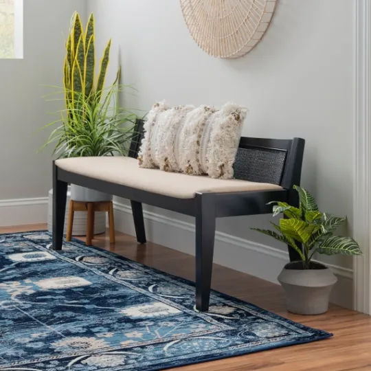 Kirkland's Home Wood And Cane Upholstered Bench- Benches & Ottomans