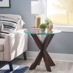 Kirkland's Home Wood And Glass Top X-Base Accent Table- Accent & End Tables