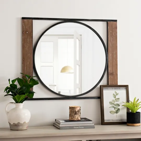 Kirkland's Home Wood And Metal Framed Round Industrial Mirror- Decorative Mirrors
