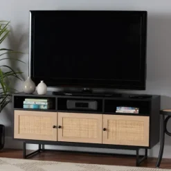 Kirkland's Home Wood And Rattan 3-Door Tv Stand- Tv Stands & Media Consoles