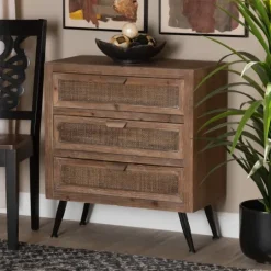 Kirkland's Home Wood And Rattan 3-Drawer Cabinet- Cabinets & Sideboards