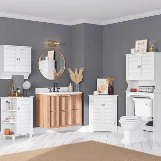 Kirkland's Home Wood Shutter Door Open Shelf Cabinet- Bathroom Furniture