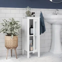Kirkland's Home Wood Slim Single Glass Door Floor Cabinet- Bathroom Furniture