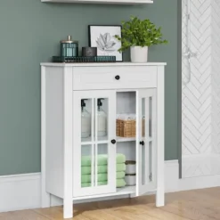 Kirkland's Home Wood Two Pane Glass Doors Floor Cabinet- Bathroom Furniture