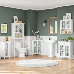 Kirkland's Home Wood Two Pane Glass Doors Floor Cabinet- Bathroom Furniture