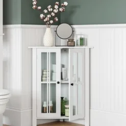 Kirkland's Home Wood Two Pane Glass Doors Corner Cabinet- Bathroom Furniture