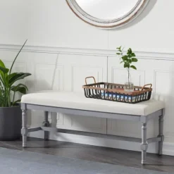 Kirkland's Home Wood Upholstered Burlap Seat Bench- Benches & Ottomans