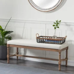 Kirkland's Home Wood Upholstered Burlap Seat Bench- Benches & Ottomans