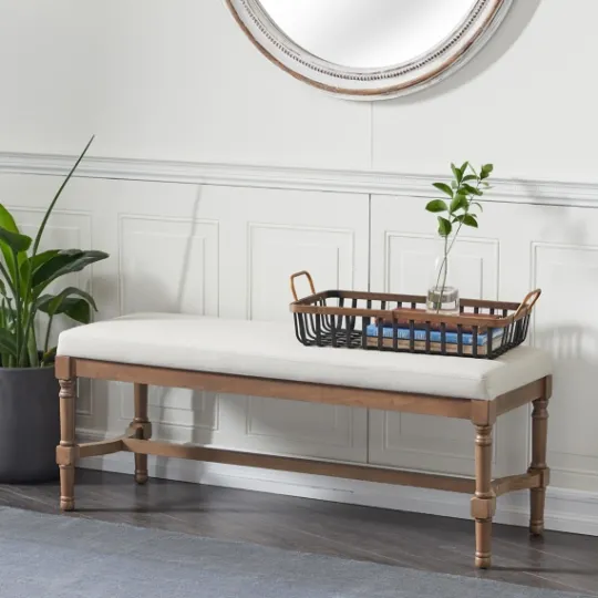 Kirkland's Home Wood Upholstered Burlap Seat Bench- Benches & Ottomans