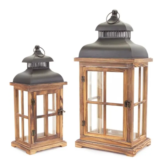 Kirkland's Home Wood Windowpane Slope Top Lanterns, Set Of 2- Lanterns