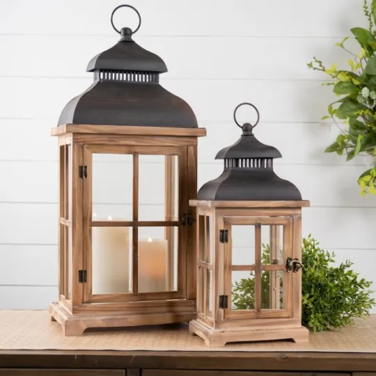 Kirkland's Home Wood Windowpane Slope Top Lanterns, Set Of 2- Lanterns