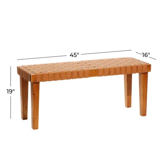 Kirkland's Home Woven Leather Textured Wood Bench- Benches & Ottomans