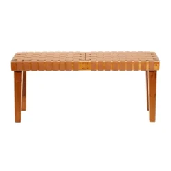 Kirkland's Home Woven Leather Textured Wood Bench- Benches & Ottomans