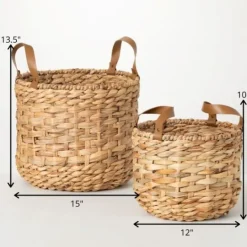 Kirkland's Home Woven Rat And Faux Leather Baskets, Set Of 2- Baskets & Boxes