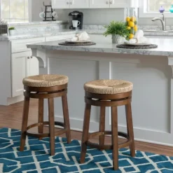 Kirkland's Home Woven Seagrass Walnut Wood Swivel Counter Stool- Bar Stools & Counter Height Stools