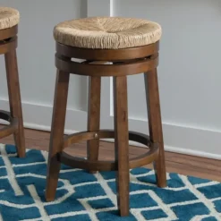 Kirkland's Home Woven Seagrass Walnut Wood Swivel Counter Stool- Bar Stools & Counter Height Stools