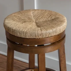 Kirkland's Home Woven Seagrass Walnut Wood Swivel Counter Stool- Bar Stools & Counter Height Stools